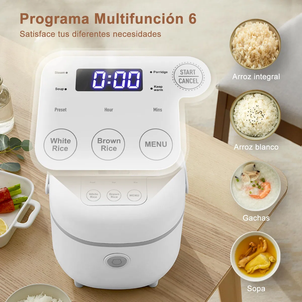 Bear Arrocera de 4 Tazas (sin cocer) con Vaporera, Mini Rice Cooker Multifuncional de 350W,6 Funciones de Cocción de arroz para 2-4 Personas,Blanco