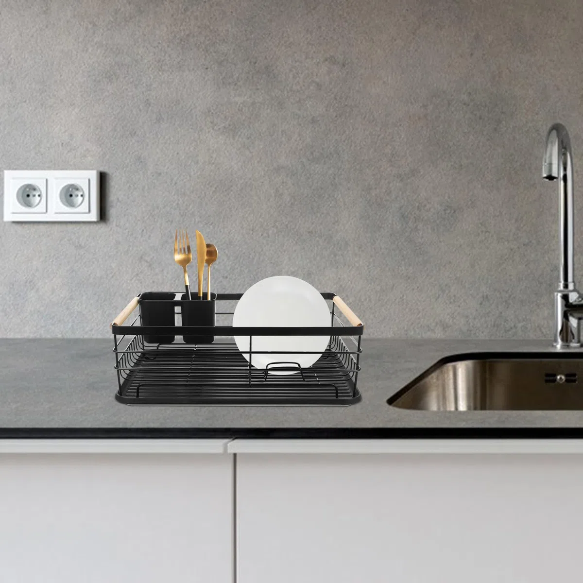 Escurridor Organizador Multifuncional Negro Gran Capacidad de Platos de Hierro para Cubiertos y Vajilla Bandeja para Encimera de Cocina