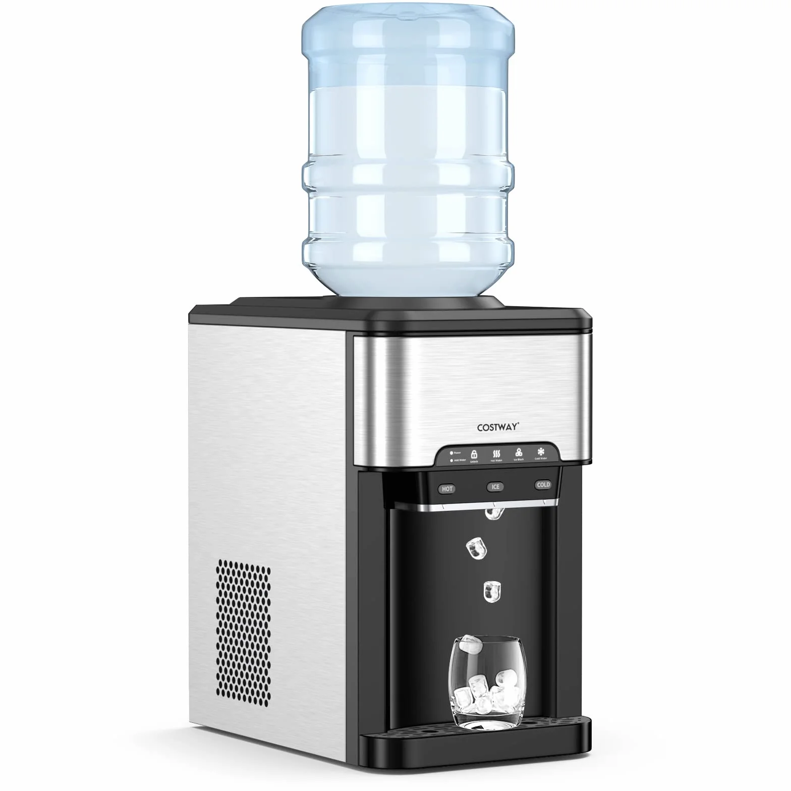 COSTWAY Dispensador de Agua 3-en-1 Con Máquina de Hielo, 3 Ajustes de Temperatura, Para Botellas de 3-5 Galones, Para Hogar y Oficina
