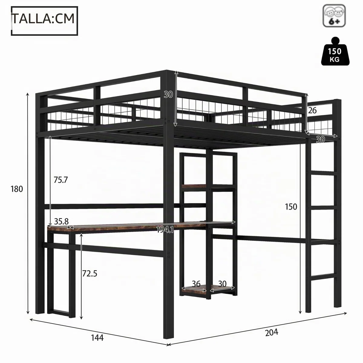 Dolamaní Cama alta para adultos, 140 x 200 cm, marco de cama de metal con enchufe, cama de metal con USB Type-C y varios estantes, capacidad de carga de 150 kg (negro)