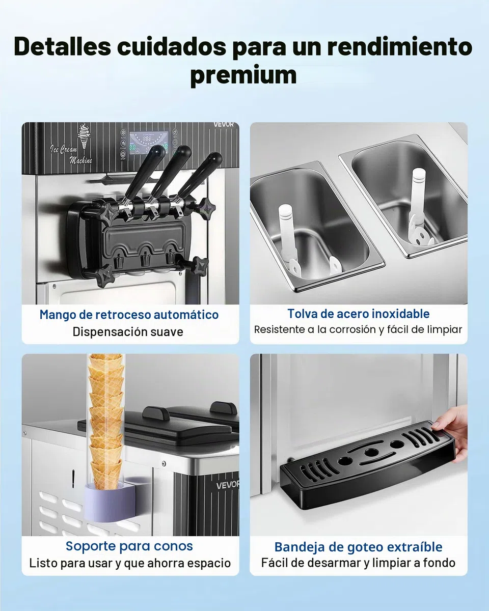 VEVOR Máquina de Helado Suave Comercial 3 Sabores 2200 W, Caudal de 20-28 L/h, Máquina para Hacer Helados Sobremesa con 2 Tolvas de 6 L, Agitación de Tolva, Preenfriado y Autolimpieza para Tiendas