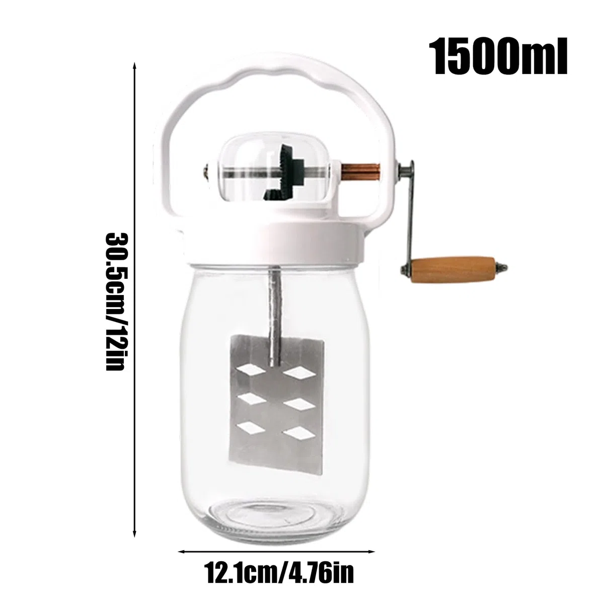 Batidora de Manivela Mezclador de Mantequilla de 1500 ml | con Frasco de Vidrio Varillas Manuales para Repostería, Cocina, Niños, Harina, Alimentos, Mermelada,