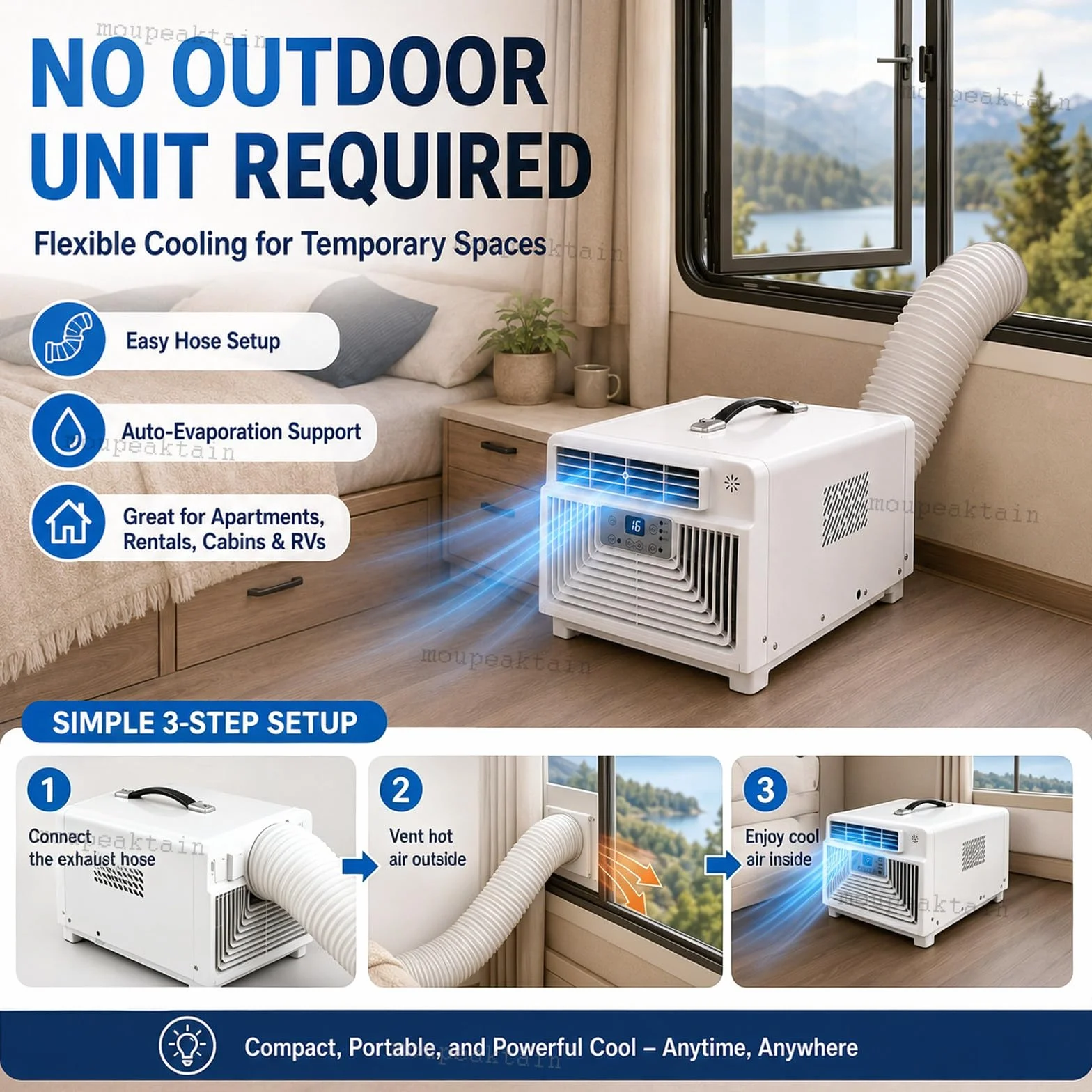 Aire Acondicionado Portátil 220V, 3400 BTU para Camping, Tienda y Autocaravana, 3 en 1 con Frío, Deshumidificador, Ventilador, Mando a Distancia, Temporizador 12H y Tubo de Escape
