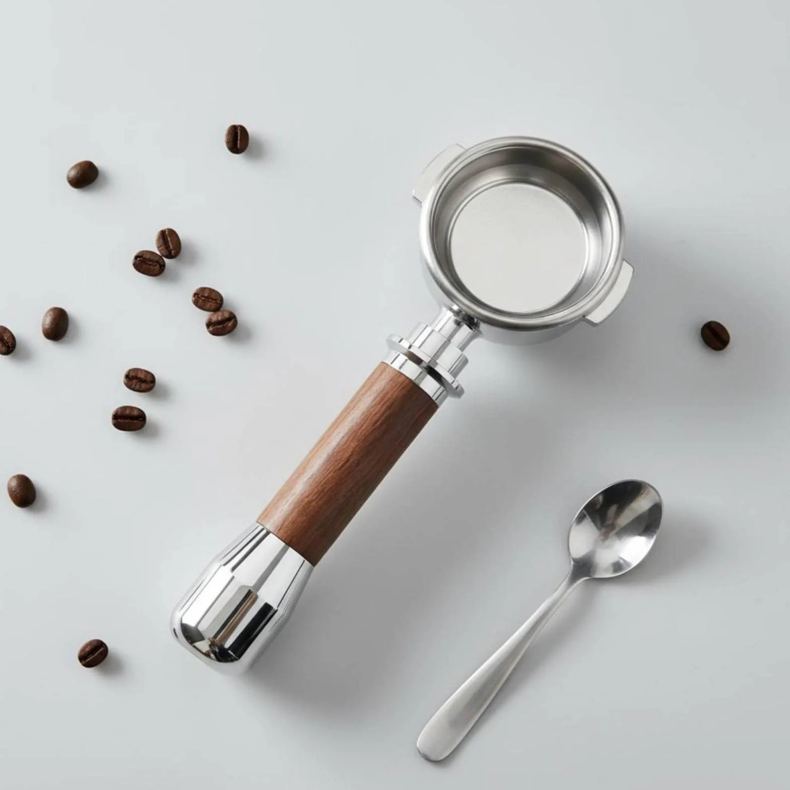 Qianly Portafiltro sin Fondo y con Fondo 2 en 1 Accesorio Coffee Specialist Flujo Uniforme para Cafetera Espresso, Marrón, Nogal De Aluminio Empalmado