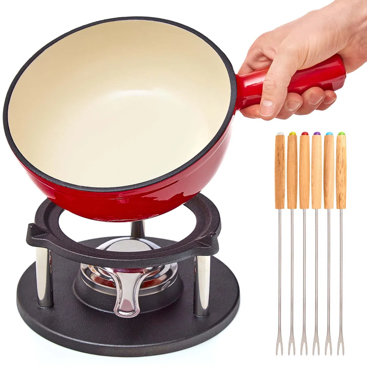 Juego de Fondue de Hierro Fundido para 6 Personas | 2 litro | Juego de Fondue de 9 Piezas | esmaltado Adecuado para Fondue de Queso Fondue de Chocolate para Fondue de Carne