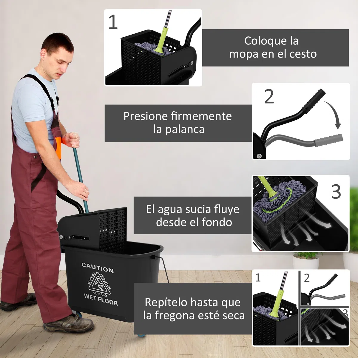 HOMCOM Cubo de Fregona con Ruedas Capacidad de 20 L Cubo de Fregar con Sistema de Escurridor Ruedas y Asa de Transporte para Doméstico y Comercial Negro