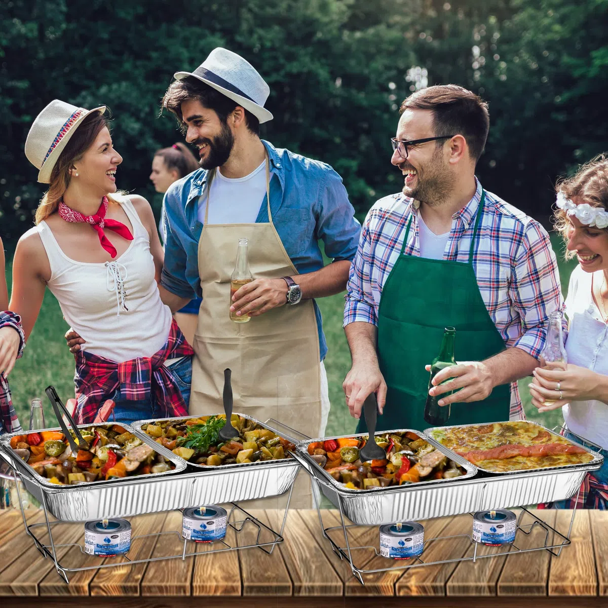 Juego de platos desechables para bufé, calentadores de alimentos para fiestas, 33 piezas completas de servidores de rozaduras con cubiertas, suministros de catering con sartenes de tamaño completo (9