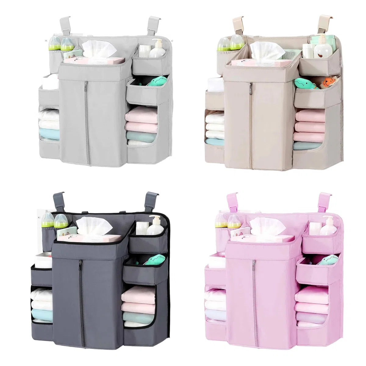 Organizadores colgantes para cuna de bebé, 6 compartimentos, bolsillo grande con cremallera, tela resistente, solución de almacenamiento ajustable para cuna