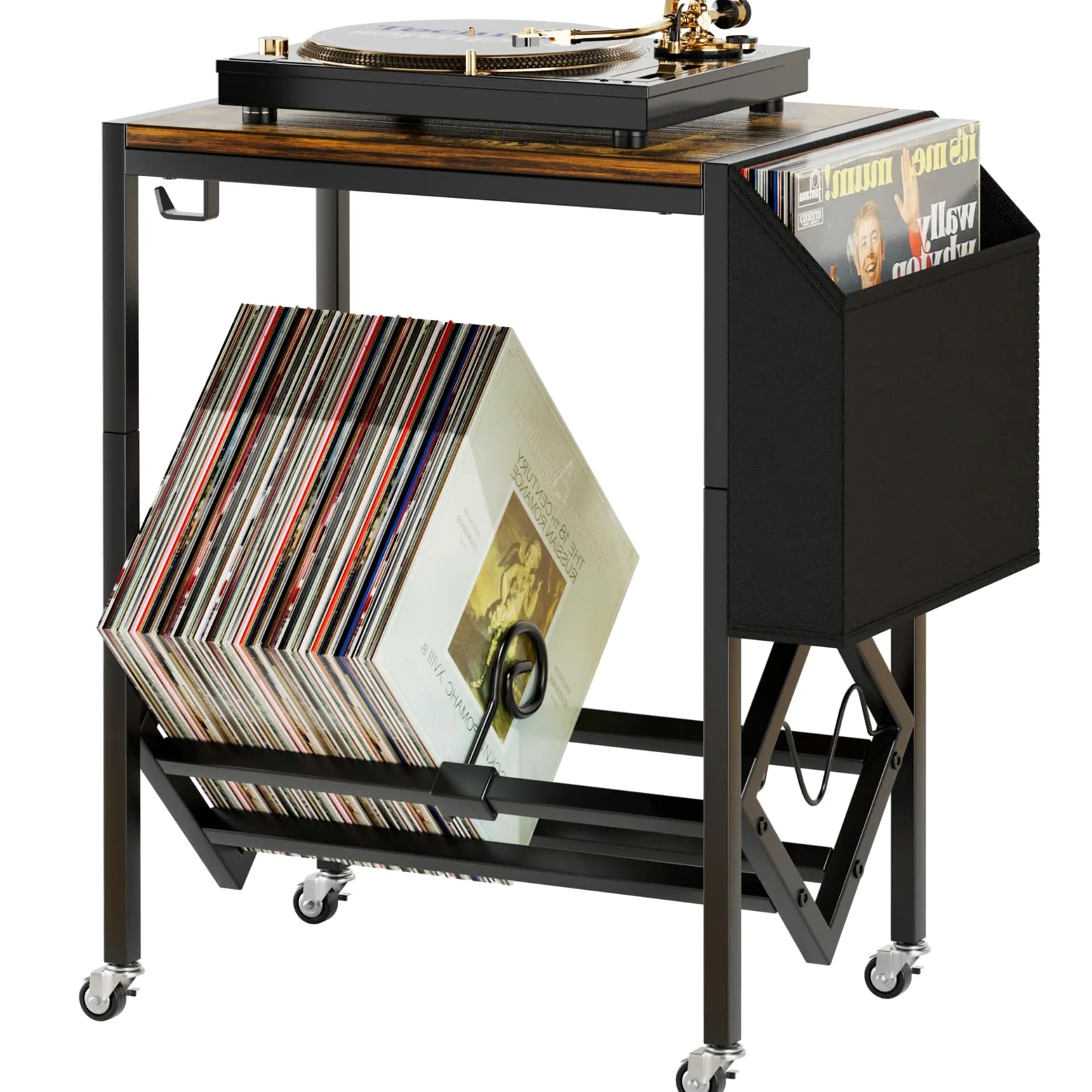 EKNITEY Soporte para tocadiscos de vinilo, mesa para tocadiscos con capacidad de almacenamiento para 80 álbumes, soporte giratorio con bolsillo organizador y ruedas