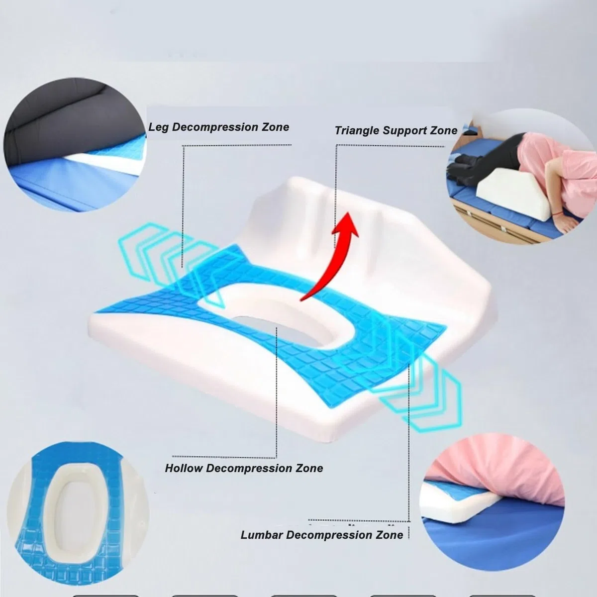 Cojín antiescaras, espuma viscoelástica con gel, alivio de presión, diseño hueco, funda lavable, postrado en cama, silla de ruedas, coxis, ciática, soporte