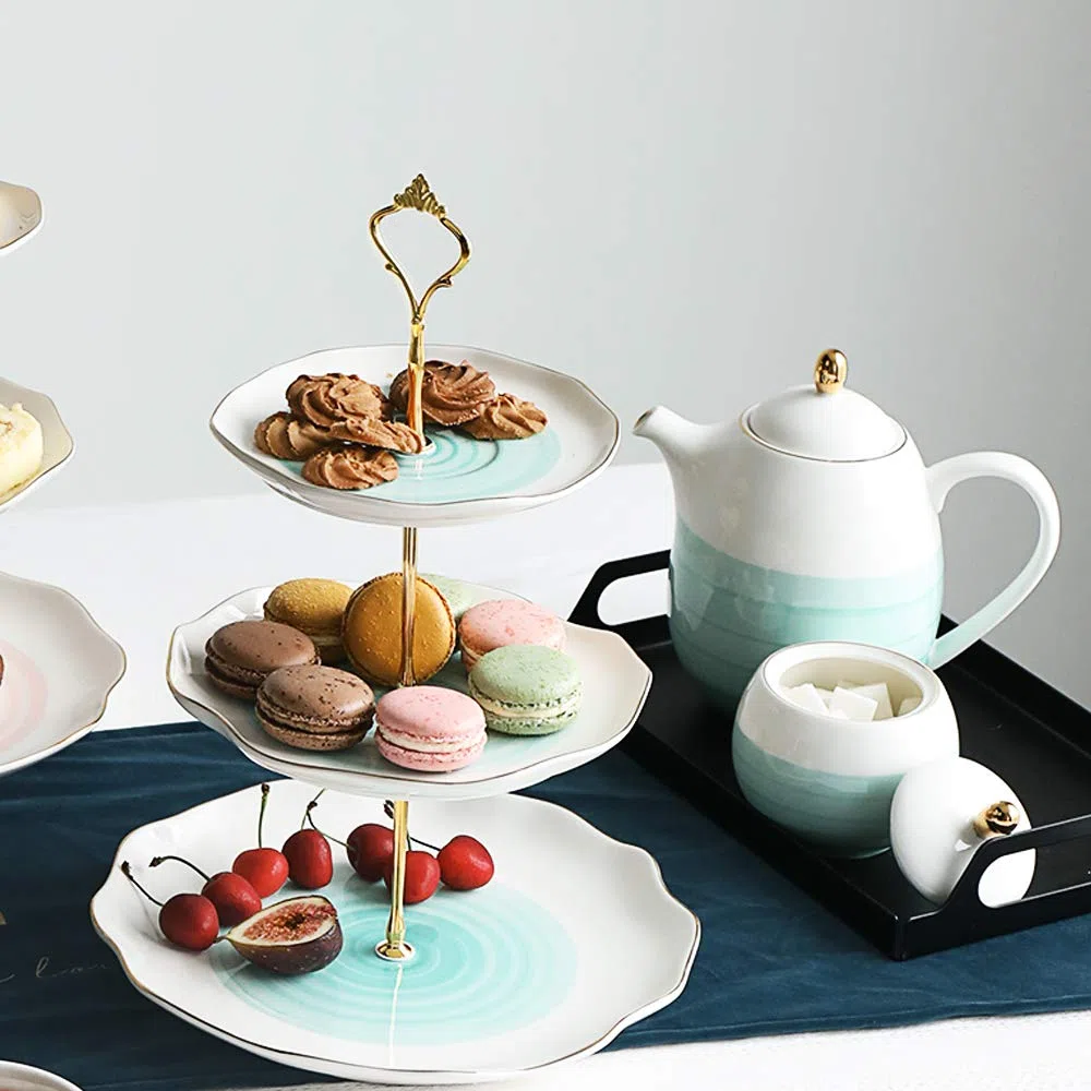 Sweejar - Soporte de cerámica para tartas de 3 niveles, soporte para cupcakes, expositor de alimentos, plato para servir pastelería en caja de regalo