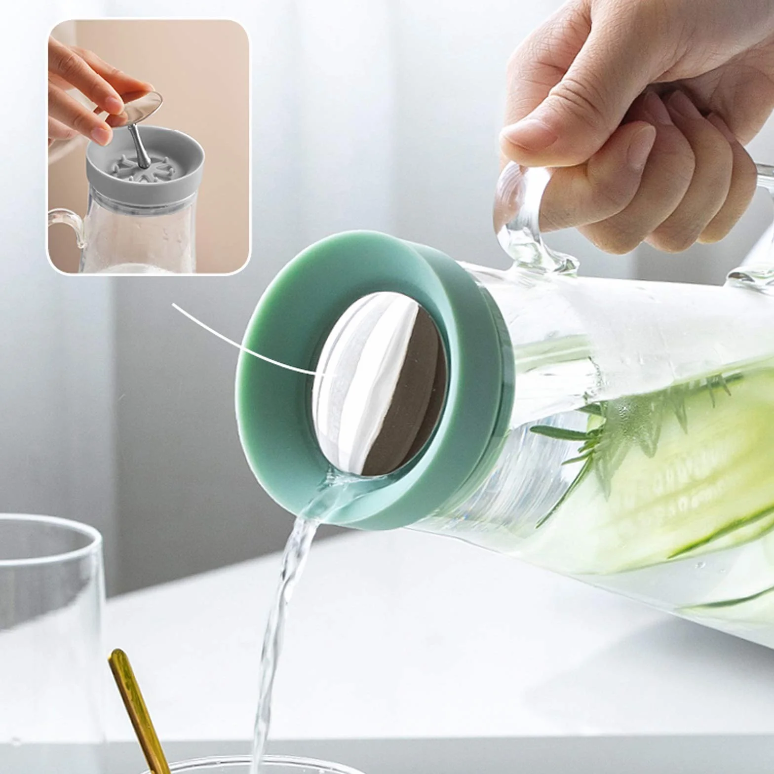Jarra Agua Fria Jarra de vidrio de gran capacidad con tapa de vidrio resistente al calor de la tapa de silicona Tapa ajustable del filtro de acero inoxidable práctico Tamaño ajustable Jarra Agua Detox