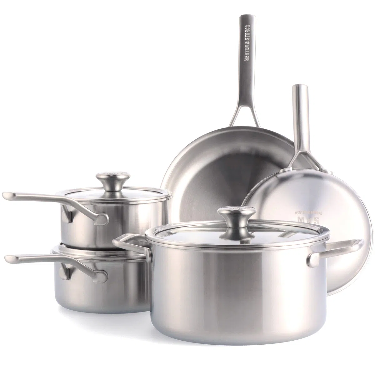 Merten & Storck Tri-Ply Juego de 8 Ollas y Sartenes de Scero Inoxidable Tricapa para Inducción, Incluye sartenes, cacerolas, ollas y tapas, Multicapa, Apto para Horno y Lavavajillas, Plata