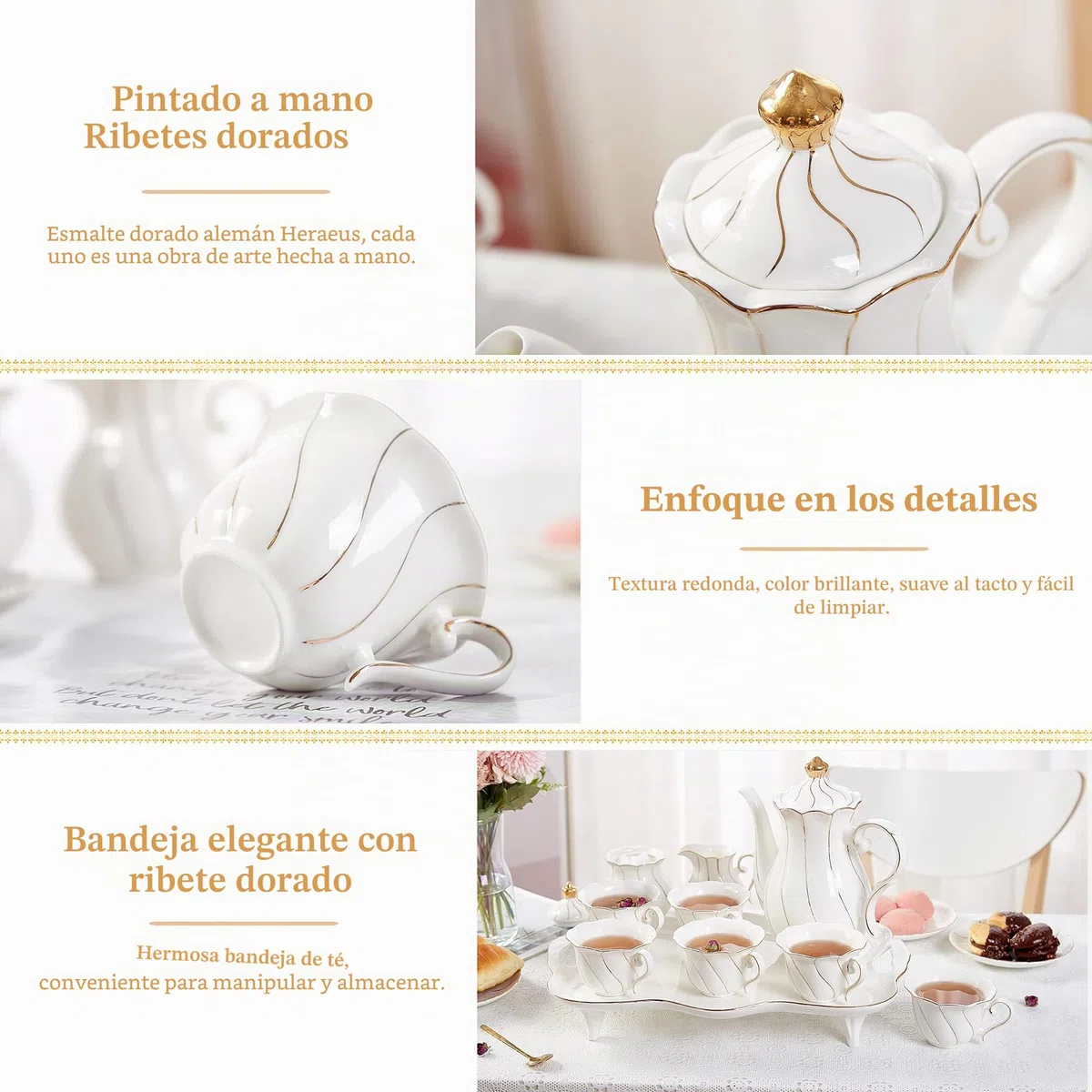 DUJUST Juego de 14 piezas de té con bandeja de té y cucharas, juego de tazas de té y café con diseño de diamante moderno con adornos dorados, decoración de sala de estar de porcelana
