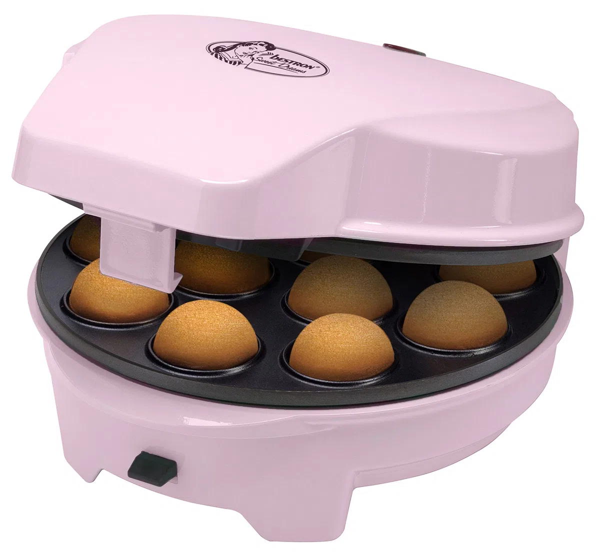 Bestron Máquina para Donuts 3 en 1 Diseño Retro con 3 Placas Intercambiables para Donuts, Muffins y Cake Pops, Antiadherente, 700 W, Ahorro de Espacio, Rosa, ASW238P