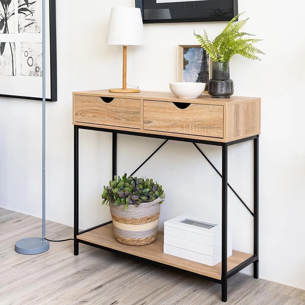 LOLAhome - Consola Urban Laminado Natural con 2 cajones y Estante de 80x75x30 cm. Estilo Industrial Robusto Que combina Madera y Metal Negro para organizar tu Entrada con Las Tendencias.
