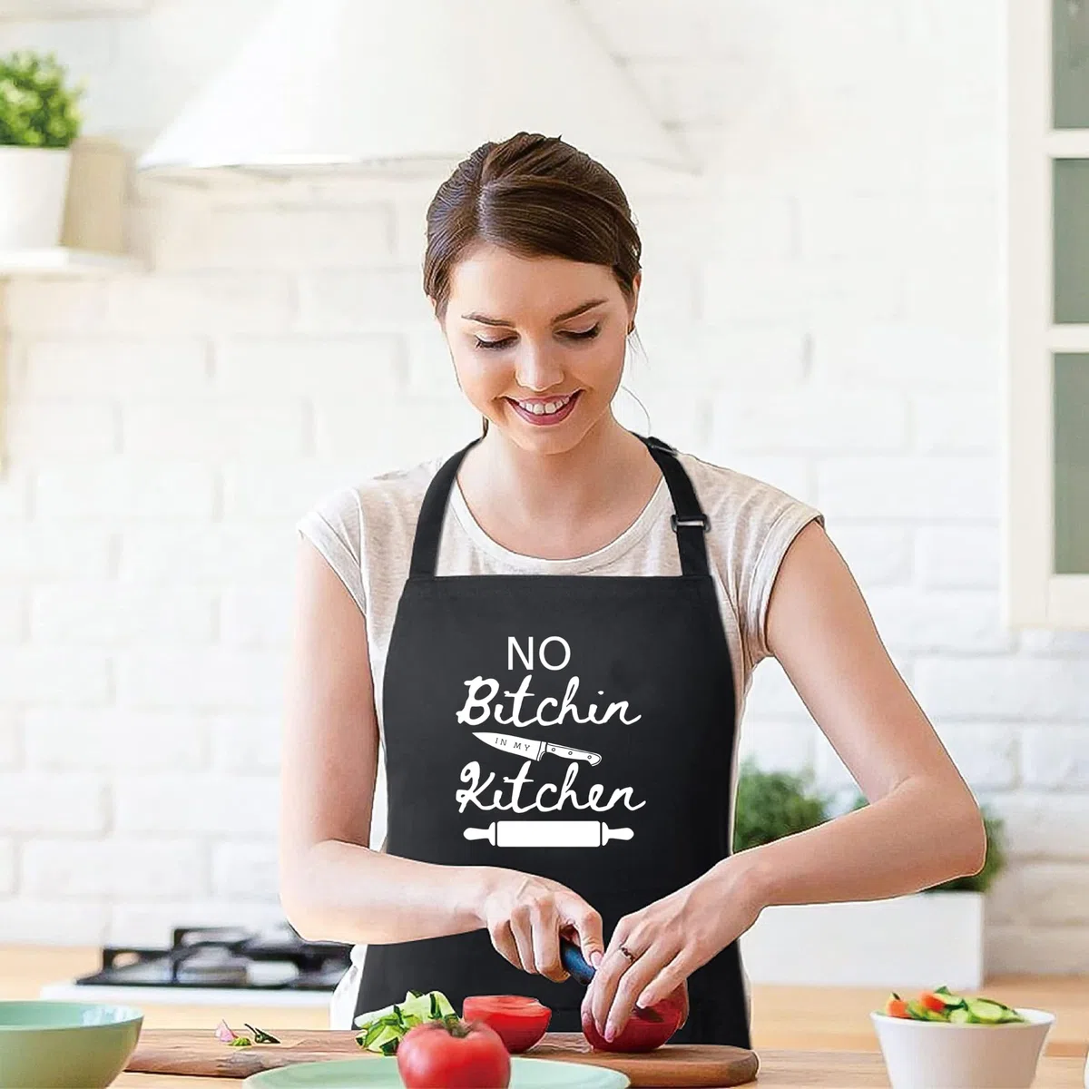 Delantales con texto en inglés "No Bitchin In My Kitchen" para mujer, divertido delantal impreso, regalo para ella, delantal de chef, delantal de cocina, delantal de barbacoa, regalo para mamá, Negro,