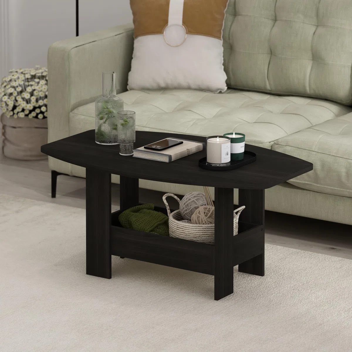 Furinno Simple Design Mesa de Centro de 2 Niveles con Estante Inferior; Mesa Auxiliar esquinera Redonda; para Sala, Dormitorio u Oficina en casa; Color Espresso