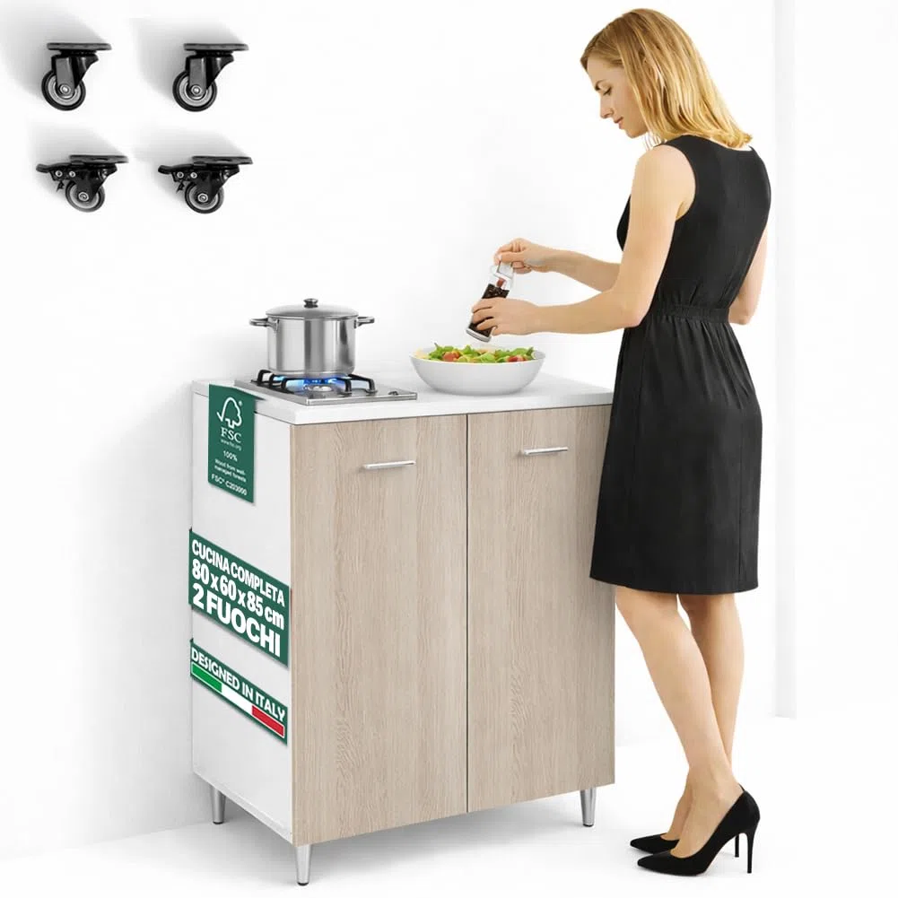 Shally Dogan Mueble base de cocina 2 puertas 80 x 60 x 85 cm con placa de cocción a gas 2 fuegos, placas de hierro fundido resistentes, montaje con patas fijas o ruedas, kit completo monobloque (Olmo)