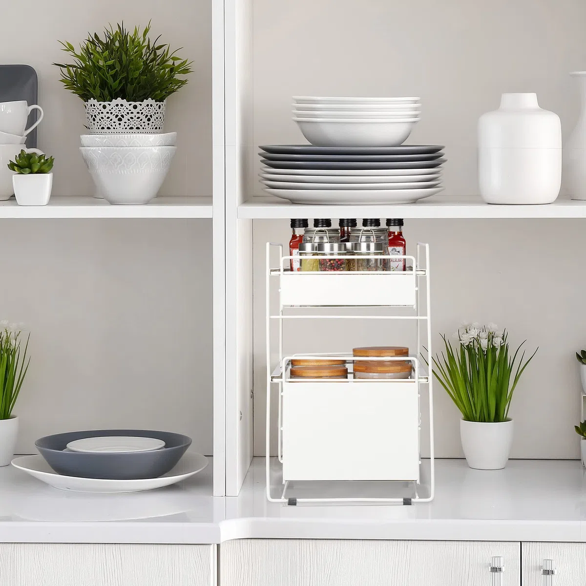 Relaxdays Organizador de cocina, 2 Cestas, Estantería extraíble Cocina y Baño, 39,5x25x40,5 cm, Color Blanco