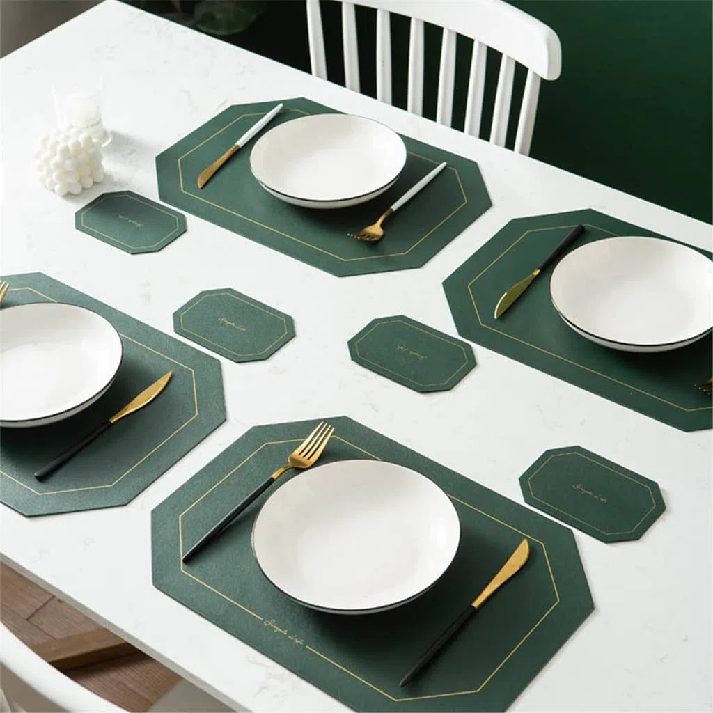 Salvamanteles, manteles individuales y posavasos, 4 Uds. De mantel individual de cuero octogonal con posavasos, mantel de cocina, almohadillas lavables for tazas (F 43 * 30cm) ( Color : Black Soul Eat
