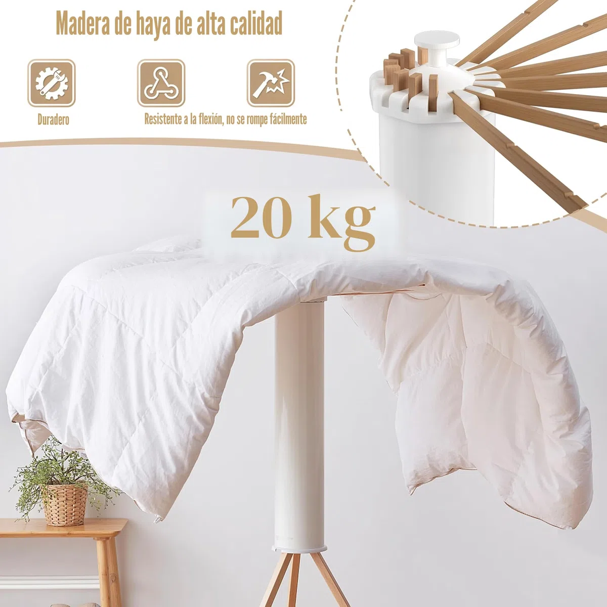 FIVMEN Tendedero plegable - Ahorra espacio, portátil con trípode y 16 barras para secar la ropa - Ventilador de ropa de gran capacidad para balcón, lavandería, baño, madera