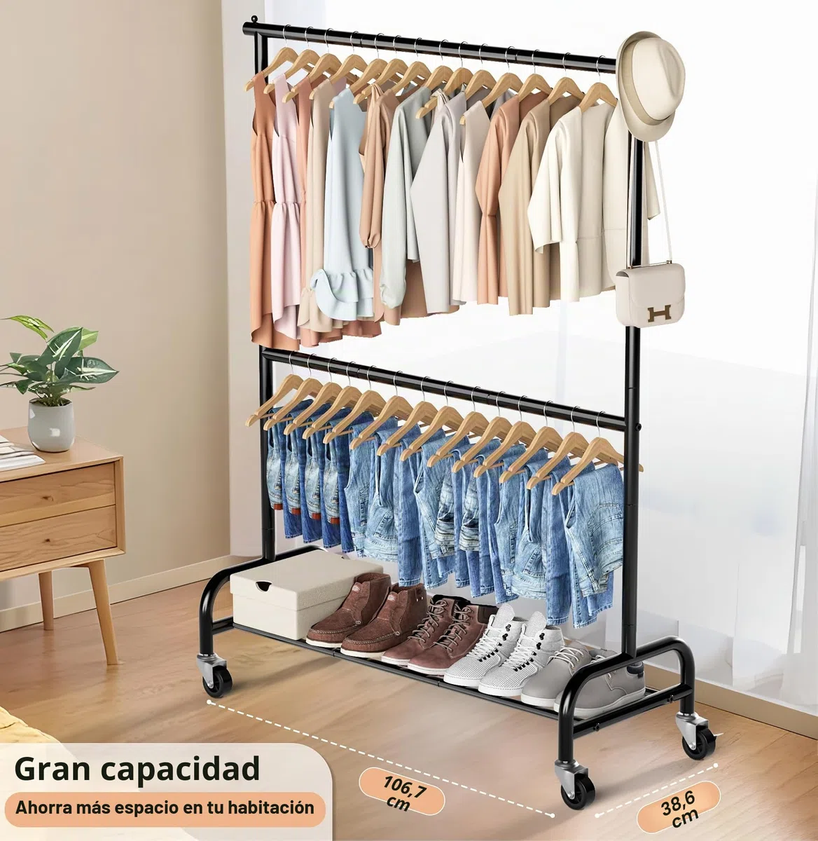 MISSLO Perchero resistente para colgar ropa con doble varilla, estante enrollable para guardarropa con ruedas, metálico, ajustable, color negro