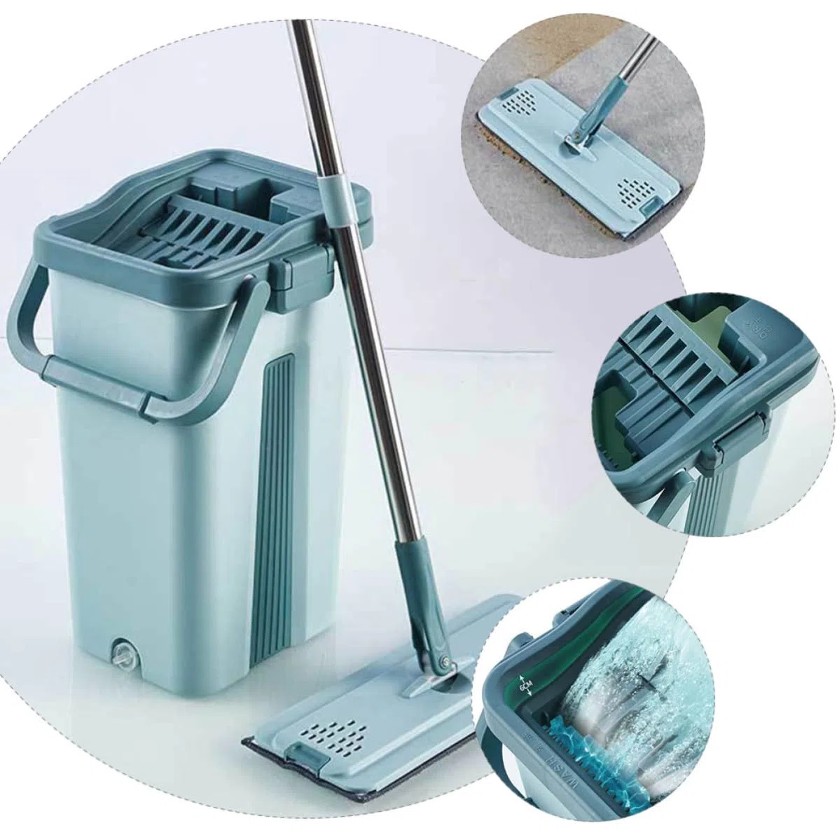 Lurrose 1juego Mopa sin Lavado con Cubo Escurridor de Limpieza Doméstica Microfibra Absorbente Extracción Manual para Suelos Secos y Húmedos Diseño Práctico y Ergonómico
