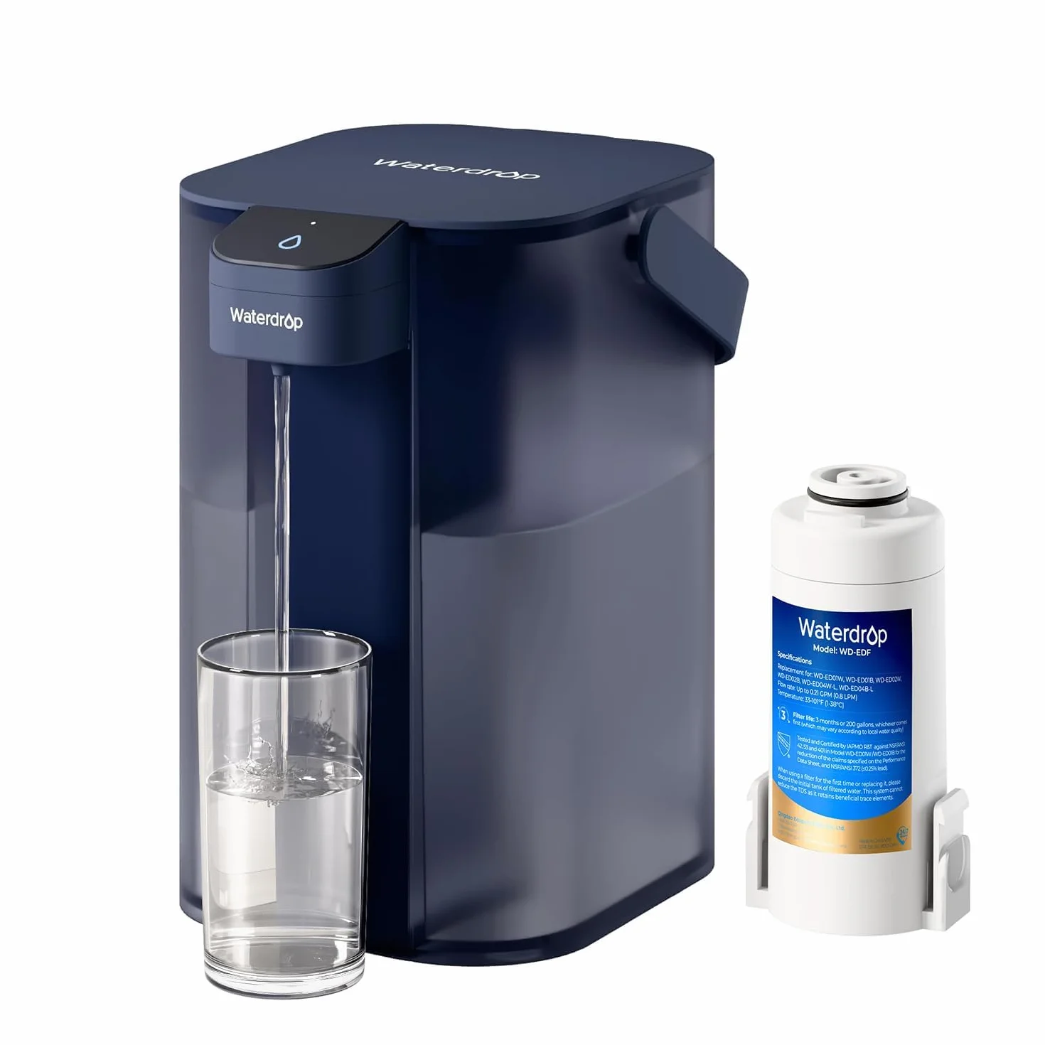 Waterdrop 3 Meses Instant Jarra Filtradora de Agua (3,5L), WD-ED01W Jarra Eléctrica con Filtro de Agua, Reducir 35+ Sustancias, Dispensador Filtro de Agua, Preserva Minerales, Azul Oscuro