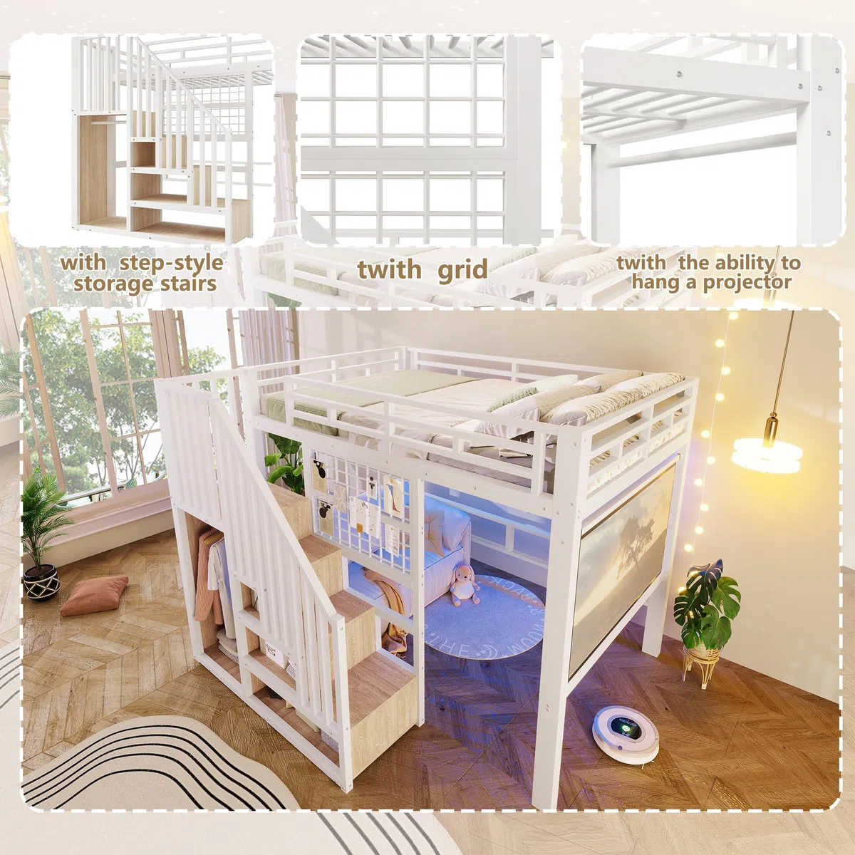 Azkoeesy Cama alta de metal con escalera de seguridad, barra para colgar, luces LED controlable mediante aplicación, panel de rejilla, ahorro de espacio, adolescentes y adultos (blanco, 140 x 200)