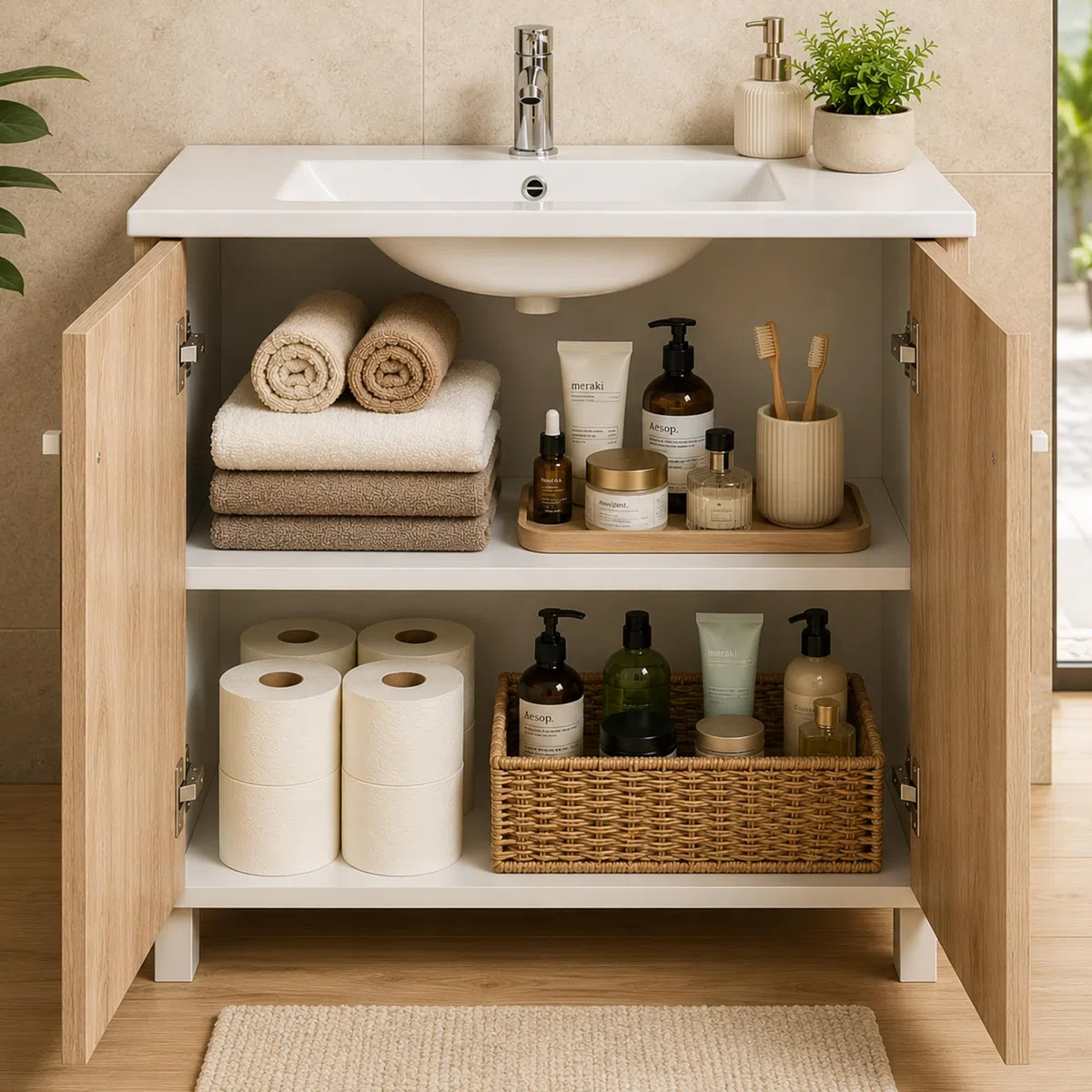 Mueble Baño 80cm Lavabo Baño No Incluye Espejo | Bajo Lavabo Compacto Preinstalado de Fábrica · Lavabo con Pie de Porcelana Ideal