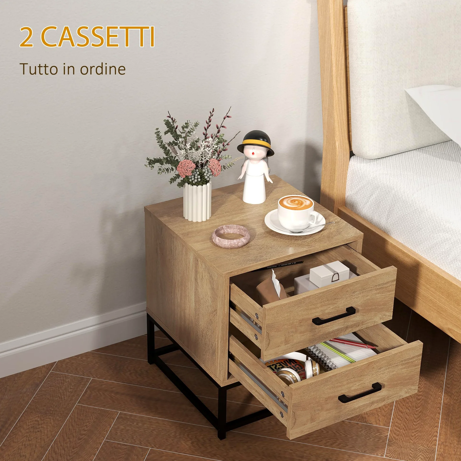 HOMCOM Juego de 2 Mesillas de Noche con 2 Cajones, Pareja de Mesillas de Noche de Estilo Industrial en Madera y Acero, Mesillas Auxiliares para Sofá, Sala de Estar, Salón y Dormitorio, 40x39.5x48 cm, | Estilo industrial de madera y acero, mesas auxiliares