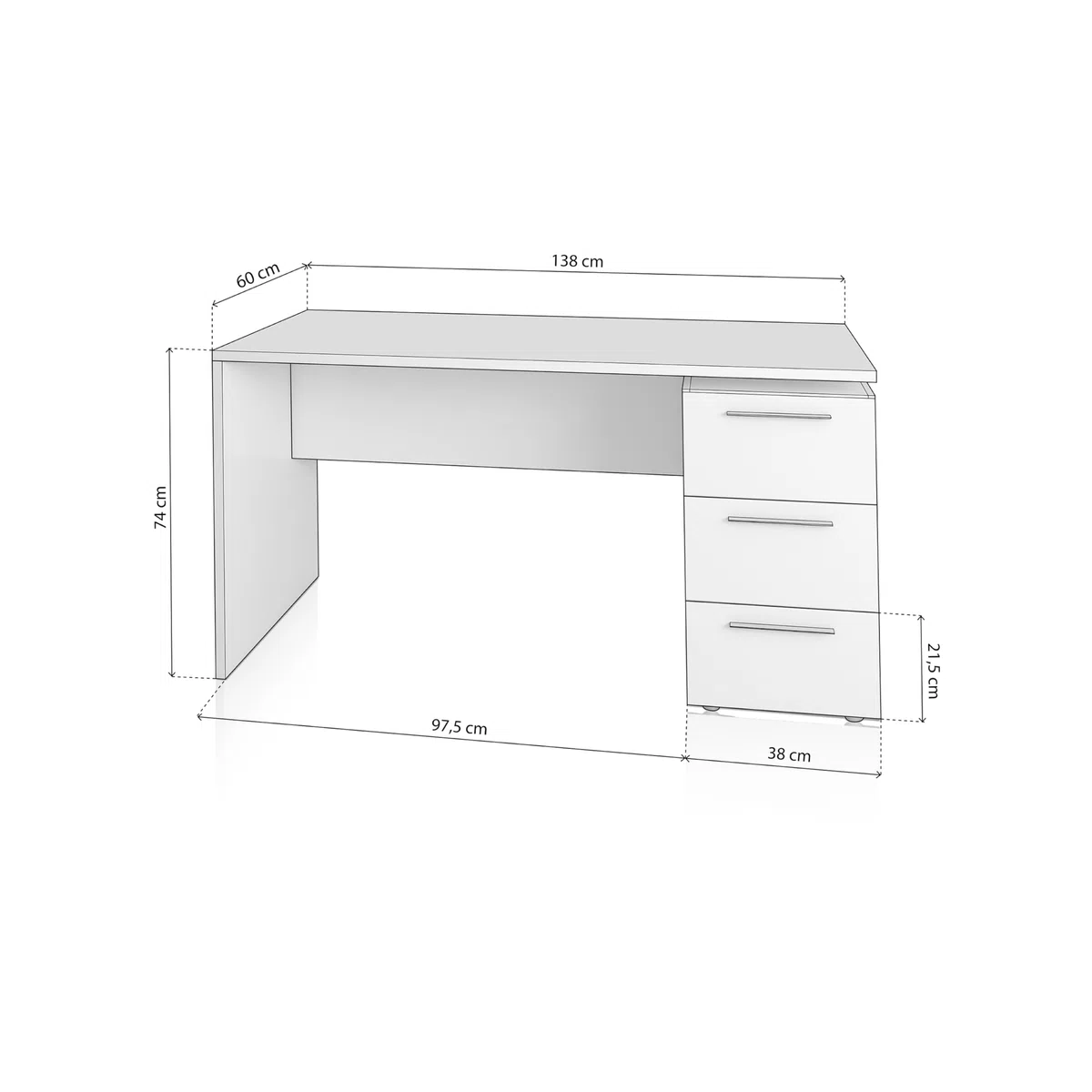 duehome | Mesa de Despacho 3 Cajones, Escritorio, Modelo Sasha, Acabado en Color Blanco Artik, Medidas: 138 (Ancho) x 60 cm (Fondo) x 74 (Alto)