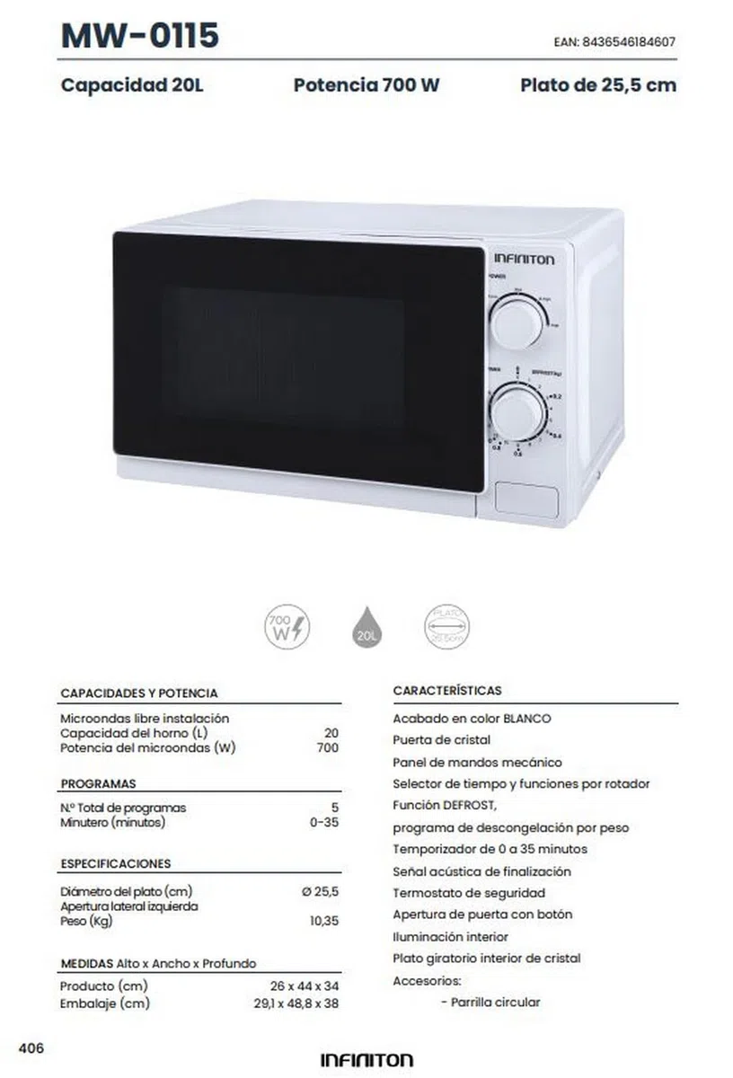 Microondas Infiniton MW-0115 – 20 L, 700 W, 5 niveles de potencia, Temporizador 35 min, Plato 25,5 cm, Blanco