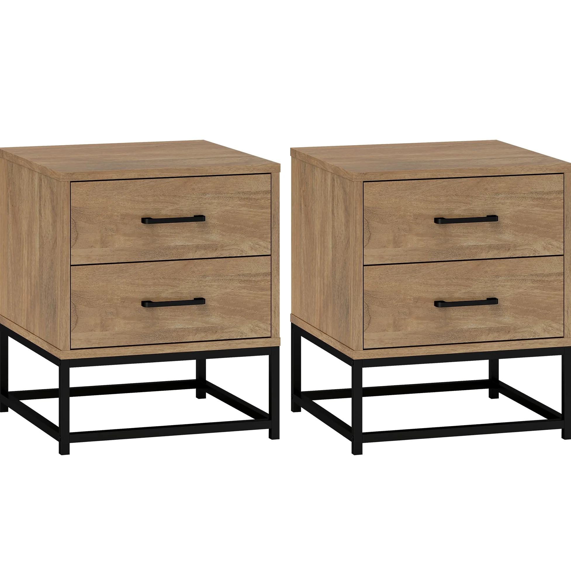 HOMCOM Juego de 2 Mesillas de Noche con 2 Cajones, Pareja de Mesillas de Noche de Estilo Industrial en Madera y Acero, Mesillas Auxiliares para Sofá, Sala de Estar, Salón y Dormitorio, 40x39.5x48 cm, | Estilo industrial de madera y acero, mesas auxiliares