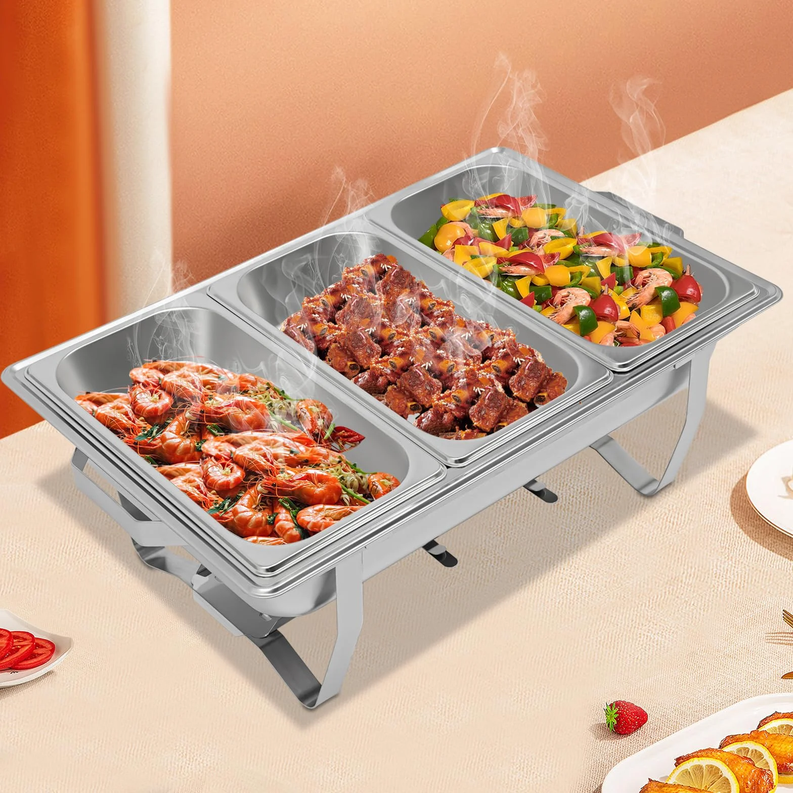 5 L Chafing Dish, Tres Compartimentos Chafing Dish Buffet, Calentador Plano, Calentador Plato Aparador, Calentador Plano para Servir Variedad Platos Mantener Caliente