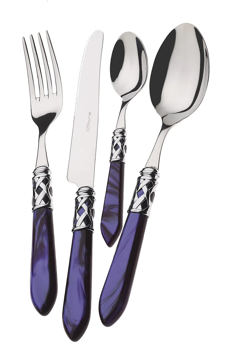 Cubertería BUGATTI, Aladdin, 24 piezas en Acero Inoxidable 18/10, Aro Cromado y Mango AZUL con efecto nácar. Cubertería para 6 personas: 6 cucharas, 6 tenedores, 6 cuchillos y 6 cucharas de café