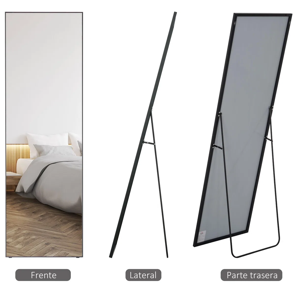 HOMCOM Espejo de Pie Cuerpo Entero 161,5x50 cm con Marco de Aleación de Aluminio Espejo Pared Rectangular con 2 Formas de Uso para Pasillo Dormitorio Salón Vestuario Negro