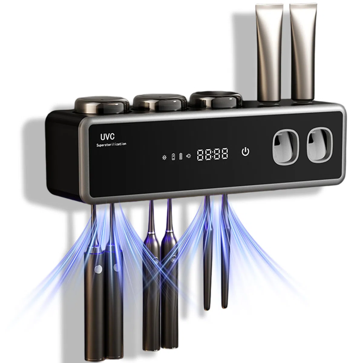 Soportes Inteligentes para cepillos de Dientes, Soporte eléctrico para cepillos de Dientes desinfectante UV montado en la Pared con dispensador de Pasta de para baño (Negro)