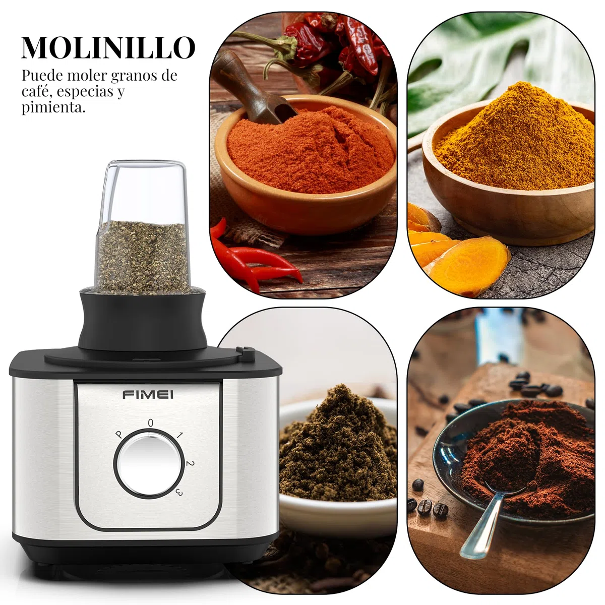 FIMEI Procesador de alimentos multifuncional 1100W, 3 velocidades y función Pulse, 3.2L picadora, 1.5L batidora, molinillo, exprimidor de cítricos, amasadora, rallador y disco reversible para rebanar