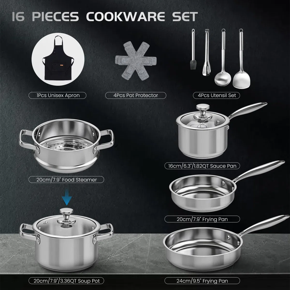 Juego de 16 piezas de ollas de acero inoxidable, juego de ollas y sartenes de inducción con vaporizador y tapas de cristal, juego de utensilios de cocina con protectores para ollas y delantal