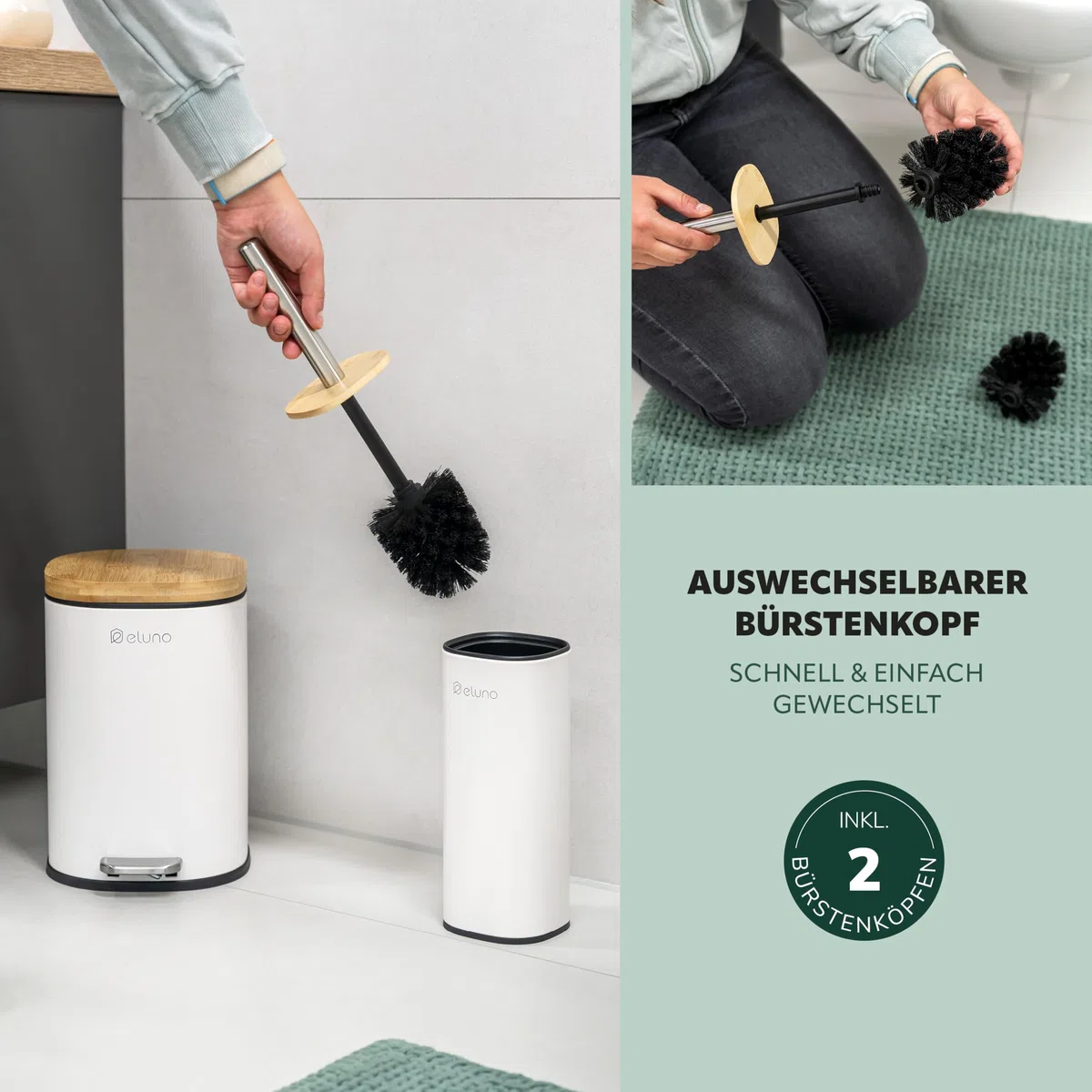 eluno Juego de accesorios de baño Framura, 2 piezas, compuesto por 1 cubo cosmético con tapa de cierre suave y 5 litros de capacidad y 1 juego de inodoro, de metal con tapa de bambú (blanco)