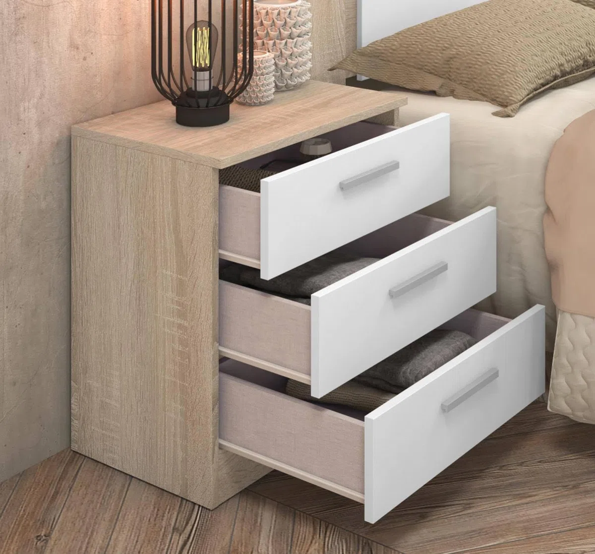 Pack Cabecero y 2 Mesitas de Noche, Dormitorio Doble, Dormitorio Completo, Acabado en Cambria y Blanco, 220 cm (An) x50 cm(Al) x 35 cm(Fon) - Meyvaser