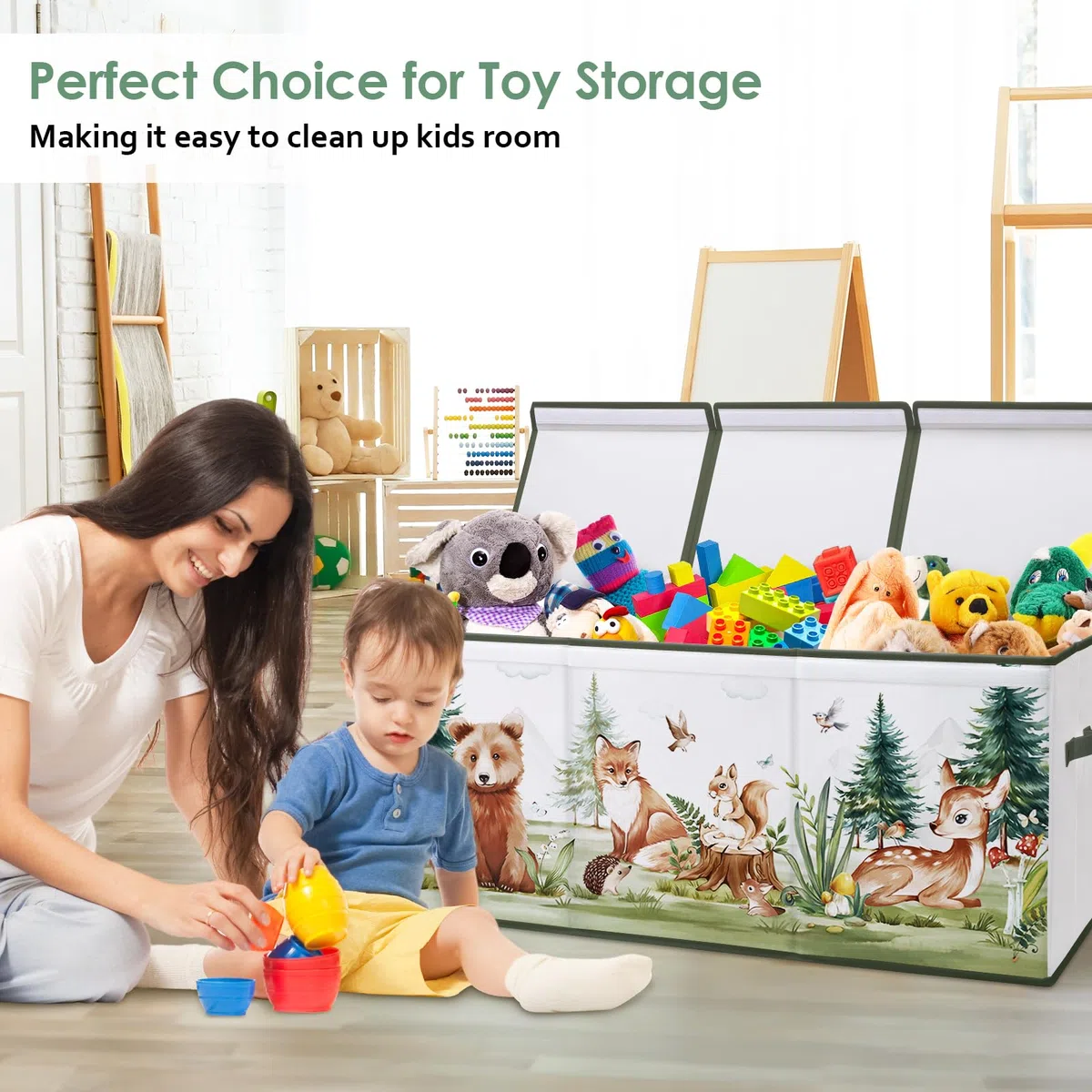 Caja de Juguete Extra Grande con Tapa Abatible, Caja Almacenaje Oxford Plegable con Asa para Niños Niñas, Baúl Juguetes y Almacenamiento Impermeable Resistente, 96×32×40 (Animales de invierno)