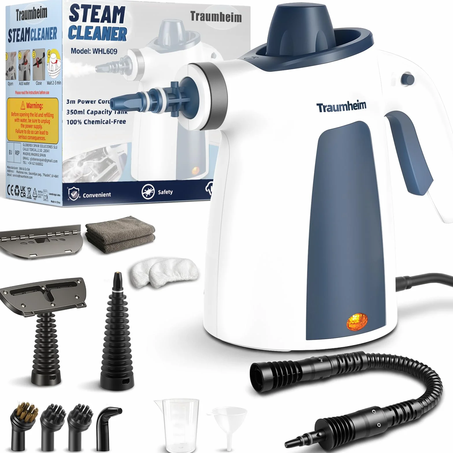 Limpiador a vapor, limpiador de vapor de mano para el hogar multiusos con accesorios de 14 piezas, 3 bares de presión de vapor 350 ml, 1200 W, limpiador de vapor sin químicos, limpieza de