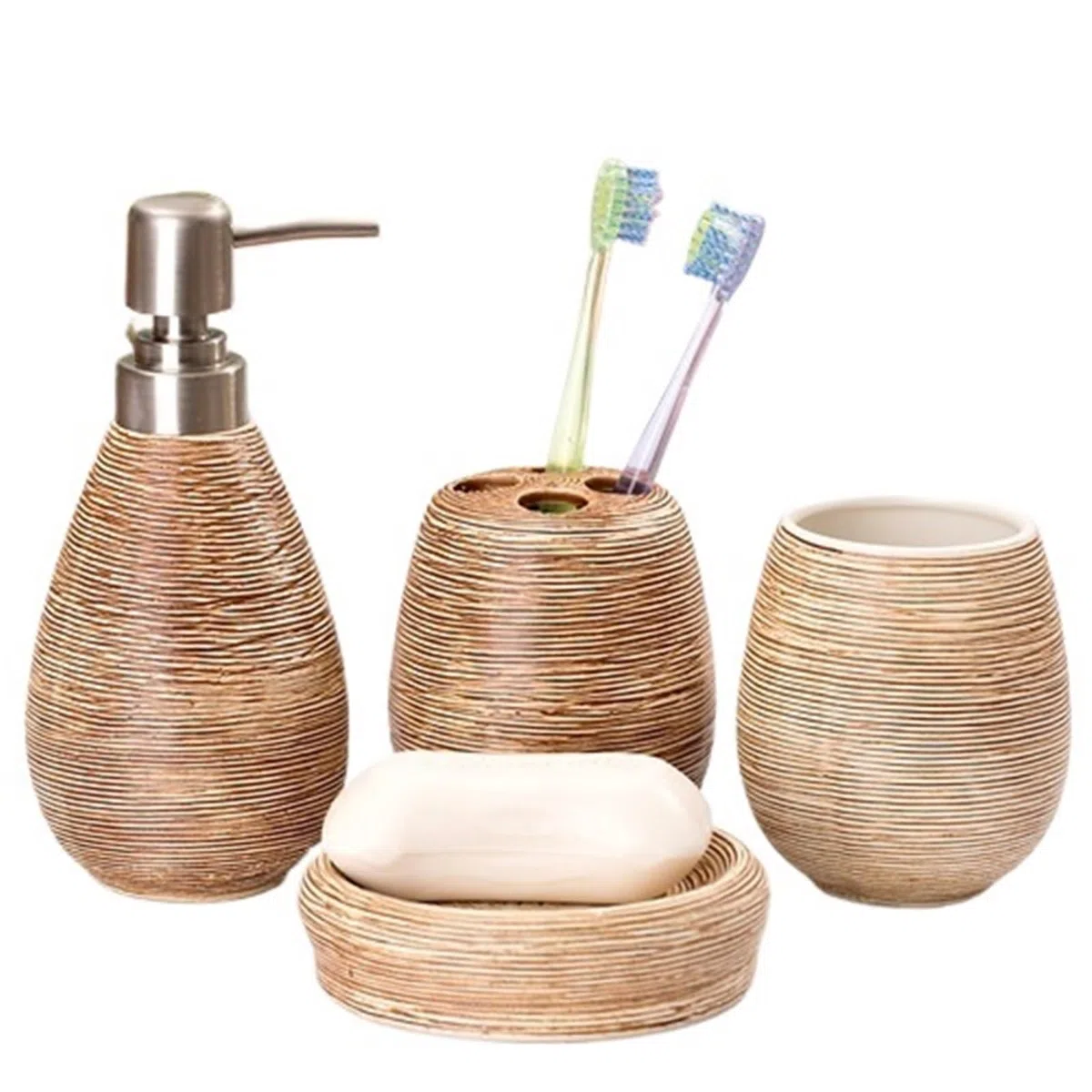 Set De Baño Juego de cerámica for baño, dispensador champú, Botella, jabonera, Soportes for cepillos Dientes, Accesorios for Taza Enjuague(Brown 4pcs)