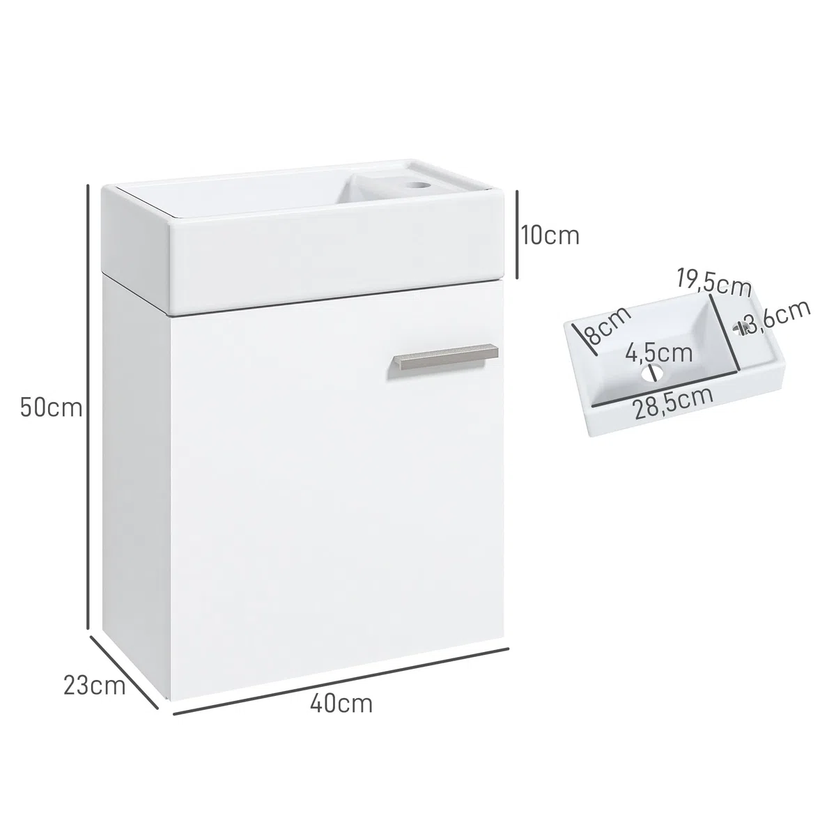 HOMCOM Mueble de Baño Estrecho con Lavabo de Pared 40x23x50cm Blanco Brillo | Mueble para Lavabo, con Puerta, Cierre Suave, Estilo Moderno