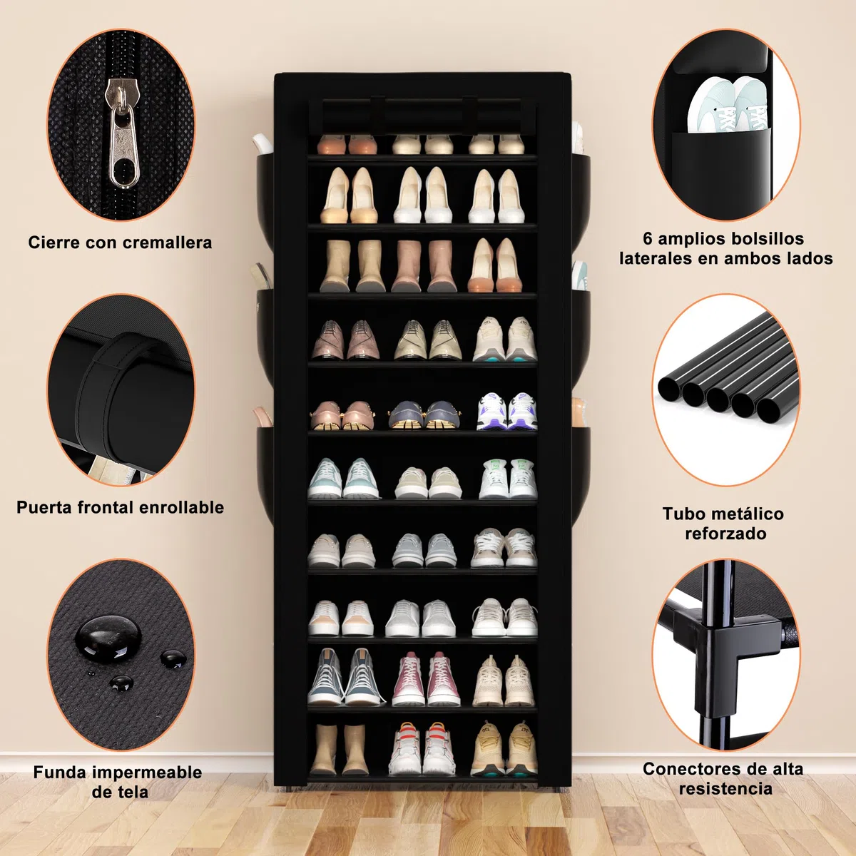 OYREL Zapatero Tela de 11 Niveles, Organizador de Zapatos con Funda de Tela,Zapatero Grande y Alto para 36-41 Pares, con Bolsillo Lateral Grande en Ambos Lados, para Armario Entrada