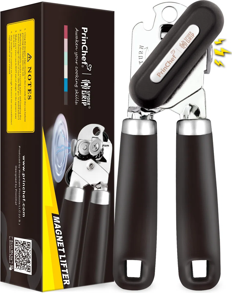 [Corte más suave] Abrelatas manual PrinChef con imán, mango mejorado para un agarre más cómodo, abrelatas de mano para personas mayores, abrelatas resistente, borde liso, abridor de botellas fácil de