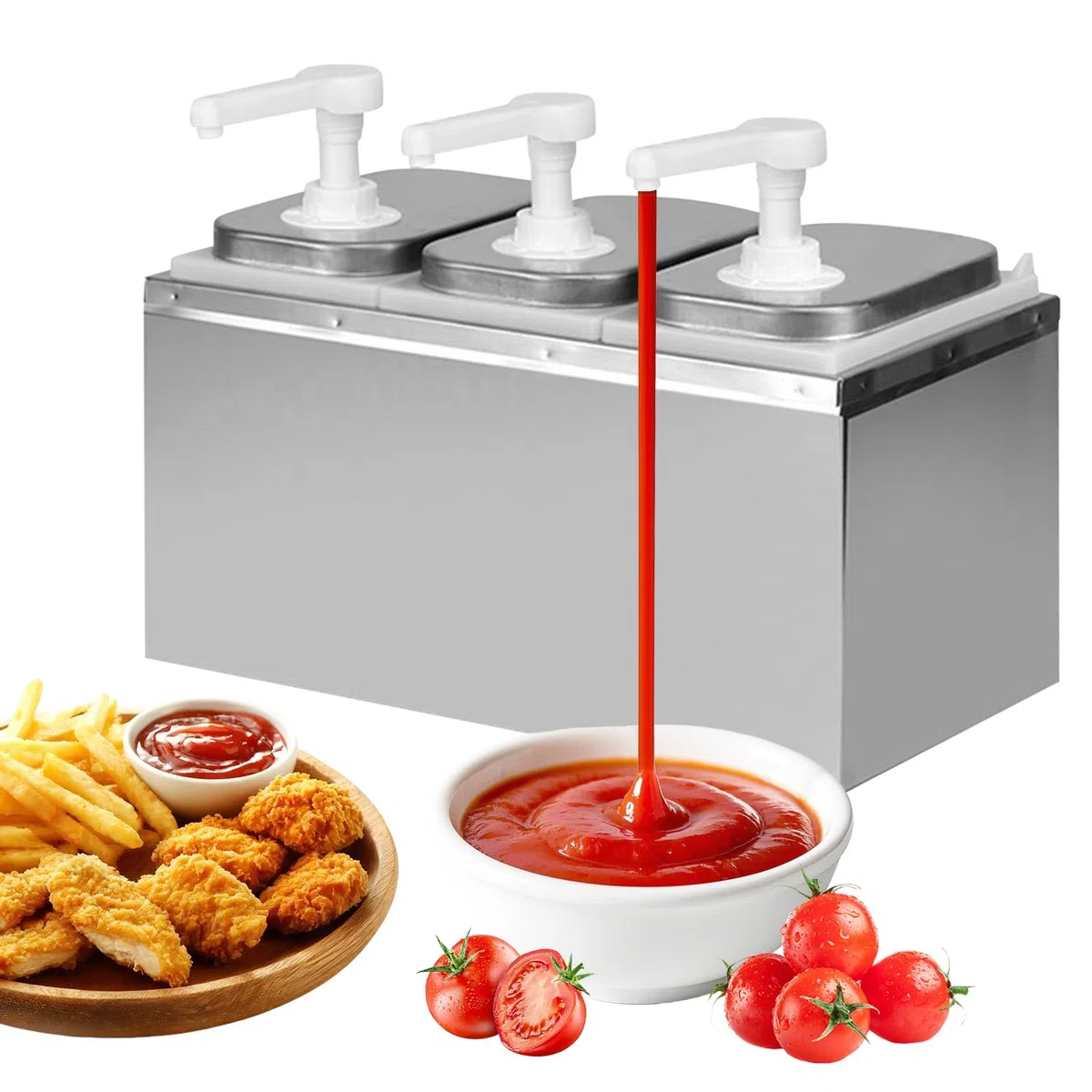 Estación dispensadora de salsas de 6 L, 3 bombas de 2 L | para kétchup, aderezos, mayonesa, miel, salsa de soja, vinagre – Bomba dosificadora para cocinas y restaurantes – 6 bombas